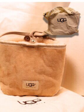 UGG Australia Sheepskin Suede Mini Bucket Bag Tan Fur Lined w Dust Bag